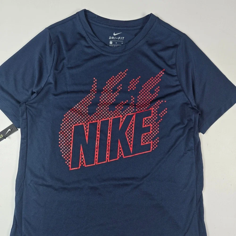 Nike Dri-FIT T-Shirt Kids Medium Navy Blue Red Graphic Logo Performance Tee